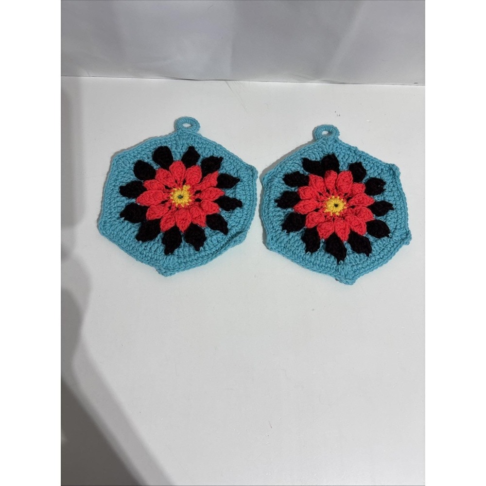 Vintage Crochet Potholders Trivet Hot Plate Retro 70's MCM Wall Decor Wall Decor